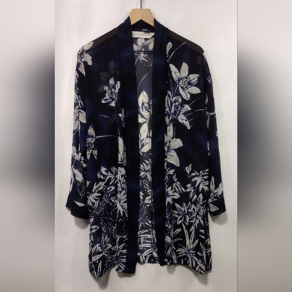 Victoria's Secret Floral Open Front Sheer Duster Women's XS/S Blue White 90s Y2K